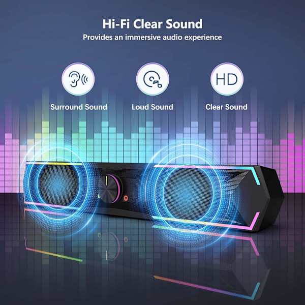 PC-højttaler, Soundbar med RGB-lys, USB eller Bluetooth-forbindelse