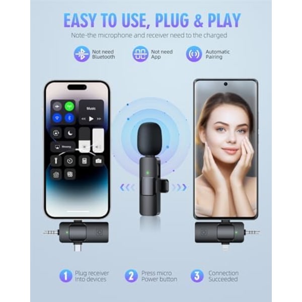 3 i 1 Trådløse Lavalier Mikrofoner til iPhone, iPad, Android, Kamera, USB-C Mikrofon, 7 Timers Batteri, Mini Mikrofon