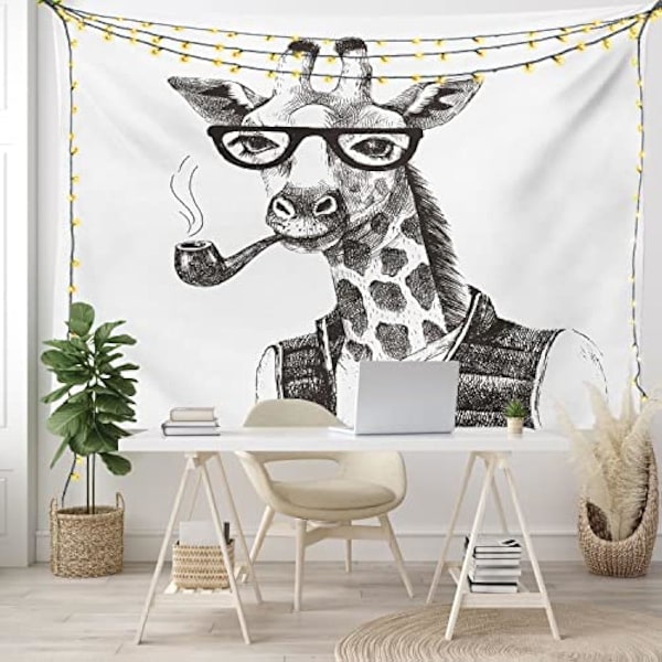 95x70cm Hiiliharmaa Outo Tapetti, Giraffi Savupiippu Pukeutunut Eläintarhan Eläimen Hauska Hipster-Tyylinen Piirros, Seinävaate