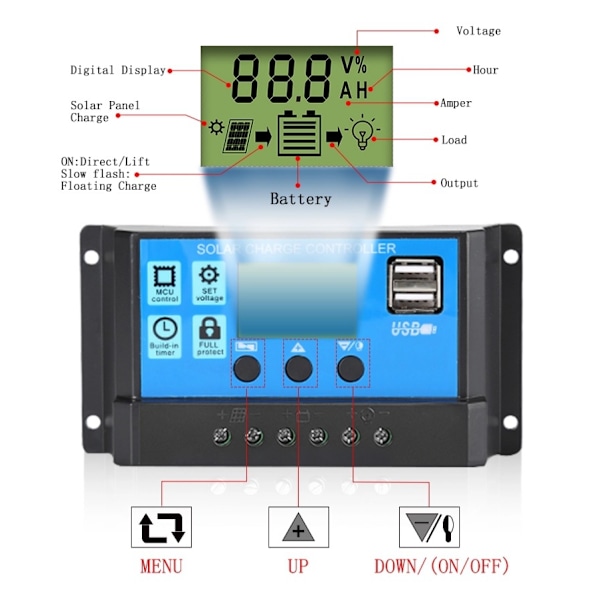 Solcelleladningsregulator, 12V/ 24V Solpanelladningsregulator med 5V Dobbelt USB Port Display Adj 10A