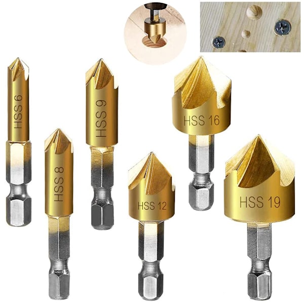 6 st 1/4\" Hex HCS Fasningsslipare 5-spåriga Senkborr 6mm/8mm/9mm/12mm/16mm/19mm F