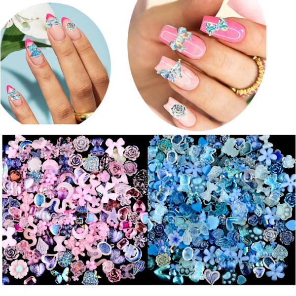 200 stk 3D harpiks neglpynt, forskjellige stiler sommerfugl blomst hjerte rhinestones rosa gull