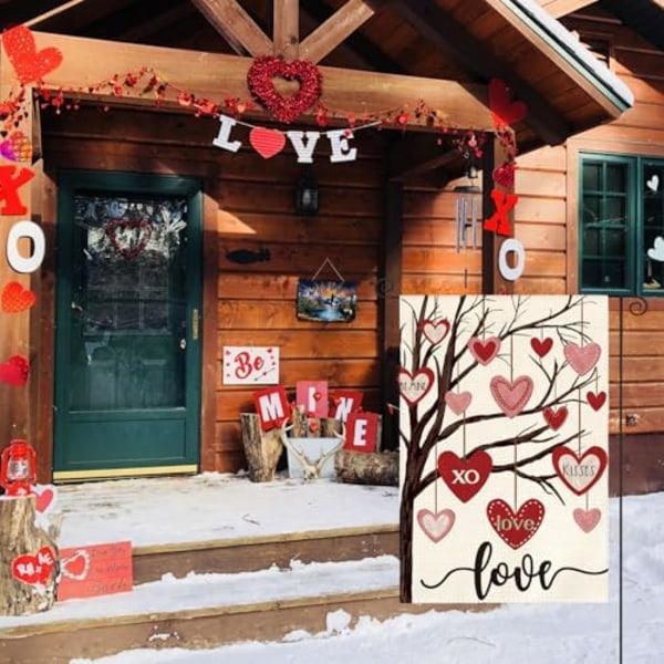 2 stk. Valentinsdag Haveflag 12x18 Tommer Dobbeltsidet Udendørs, Kærlighedshjerte Træ Rustik Jubilæum Bryllup Have Udendørs