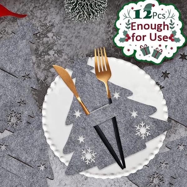 12 st 20×18×0,2 cm Jultomte Filt Bestickshållare, 12 st Julgran Besticksaskar, Grå Knivar Gafflar Servis