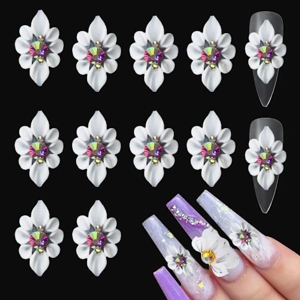 (Hvit) 10 stk Hvite Blomster Neglepynt Blomsterpynt for Negle 3D Blomst for Negle Inlay AB Rhinestones Akrylblomster f
