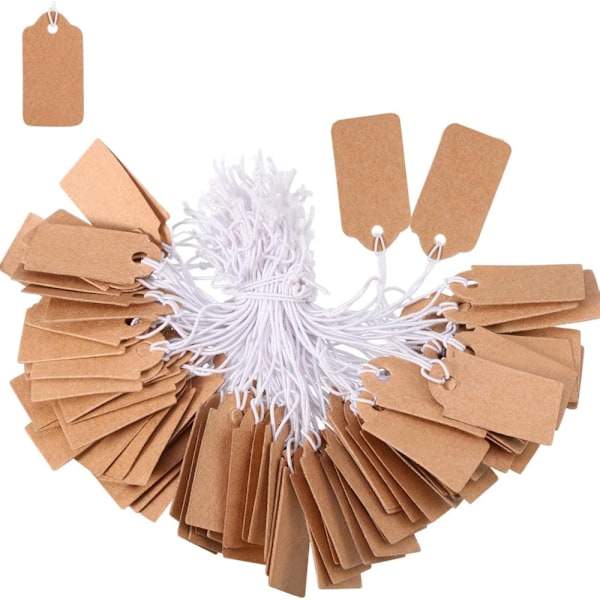 100 stk Kraft papir prislapper, gaveetiketter med elastisk hengesnor for smykker gavehenger 15*25mm