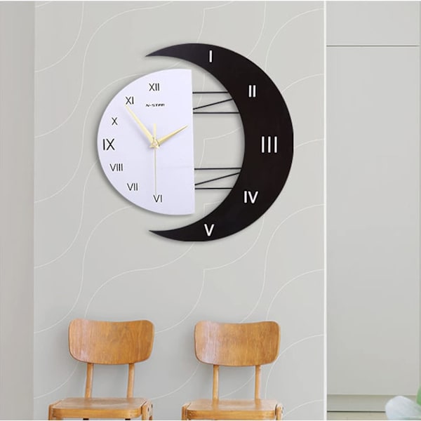 Væg ur Moderne Design Lydløs Køkkenur Kreativ Måne Form Ramme Hjem Indretning Ur (32x32cm)