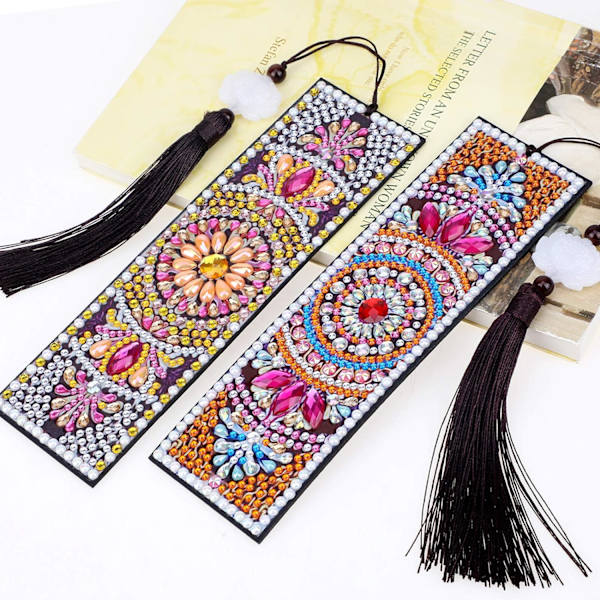 2 stk. 5D DIY Mandala Diamantmaleri Bogmærker, Diamantbroderi Bogmærker Kit med Læder Kvast