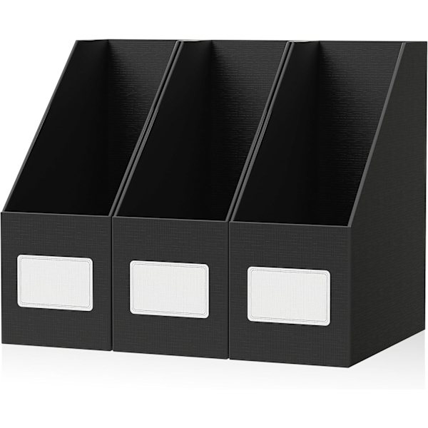 Svart set med 3 tidningsställ, stabil bas, extra stark 1800gsm kartong, 10,5 cm bred, A4 tidningsställ, för hemmet