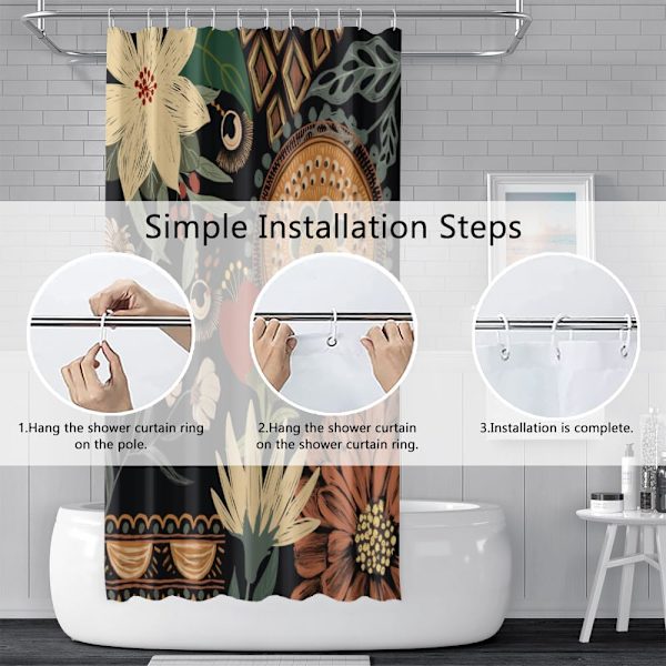180Lx180Hcm Boho Duschdraperi, Blommig Duschdraperi Bohémisk Bladmönster Badgardin Anti-Mo