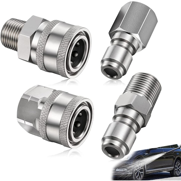 4 Stycken Högtryckstvätt Koppling, Högtryckstvätt Adapter Set, 1/4 NPT Tum Hane Hona Adapter, Rostfritt Stål, för 5000 Psi Sprutlans (Silver)