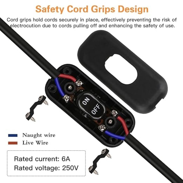 Pieces Svart Sängbordslampa Strömbrytare, Torpedströmbrytare, 6A 250V Vippströmbrytare för Inline Lampa 2 eller 3 Ledare, 6x2.6x1.5cm