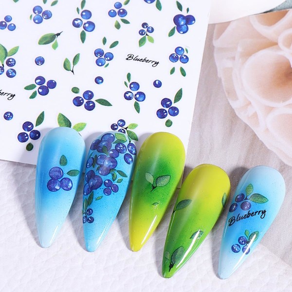5 Ark Frukt Nagelstickers för Nagelkonst - 3D Självhäftande Nagelkonst Stickers Citron Jordgubbe Blåbärsdesign Blommor Nageldekaler Manikyr Tillbehör
