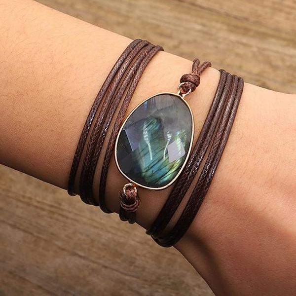 1 st  Kvinnors Boho Handgjorda Natursten Kristall Läderpärla Wrap Armband Kollektion