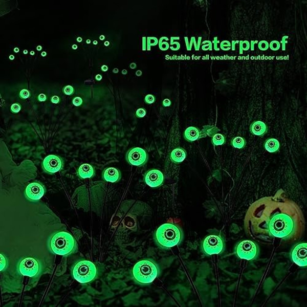 Halloween Utemiljø Dekorasjoner Solcelledrevne Skumle Øye Lys, 2PAKKER 12LED Grønne Øye Svingende Lysfluer, Vanntette