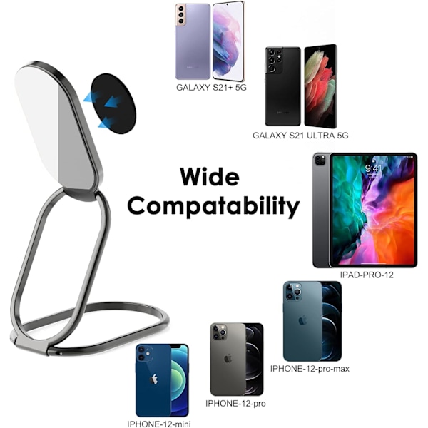 2 st Telefonringhållare Fingerstöd, 360° Rotation Mobiltelefon Ringhållare Stativ Metall Telefon Baksida Grepp för Magnetisk
