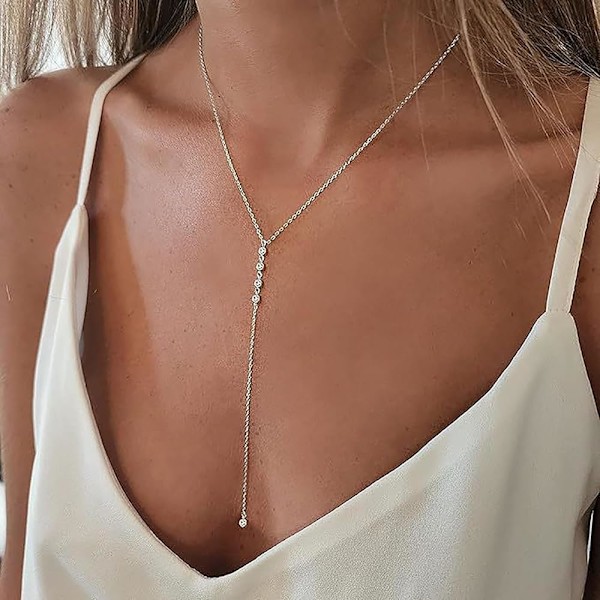 Lång Diamant Y-Halsband Kubisk Zirkonia Lariat Halsband Guld Kristall Y Lariat Halsband Cz Kedja Lariat Halsband Rhineston