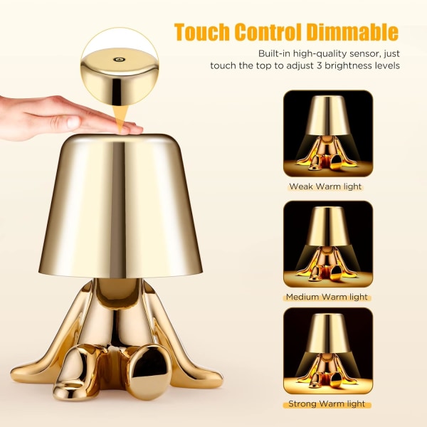 Touch Control Sängbordslampa, Kreativ Liten Gyllene Man Dekorativ LED-skrivbordslampa, 3 Ljusstyrkor