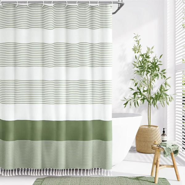 Bohemegrøn bruseforhæng med frynser, perfekt til badeværelset 92cm wide * 183cm high