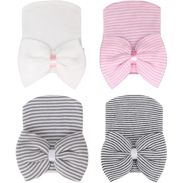 (Sort + Pink + Hvid + Grå) 4 Pak Baby Turban Hat Nyfødt Hat Bue Sød Elastisk Sommerfugl Børn