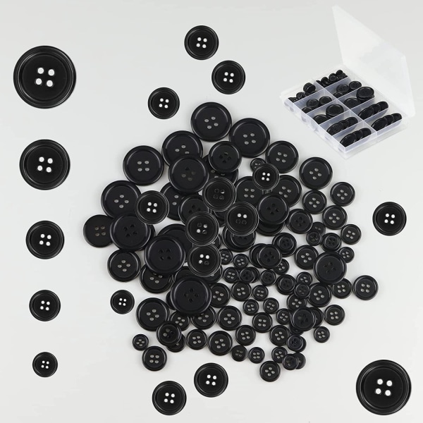 100 stycken svartvita knappar, skjortaknappar, 4 hålsknappar, runda knappar för sömnadshantverk, resi