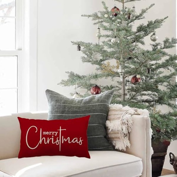 12X20 tuuman joulupehmusteet Merry Christmas -heitepehmuste Koristeellinen joulupunainen puuvillakangas pellavapehmuste