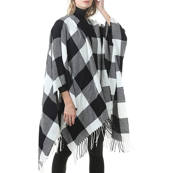 Dame Varm Sjal Wrap Åben Front Poncho Cape Farveblok Sjal
