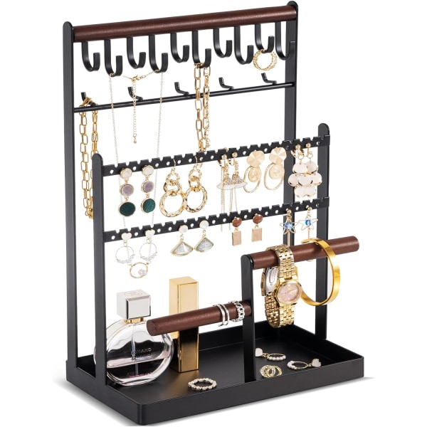 Svart smyckeshållare Hållbar smyckesställ i metall och trä med bricka och krokar, halsbandsörhänge