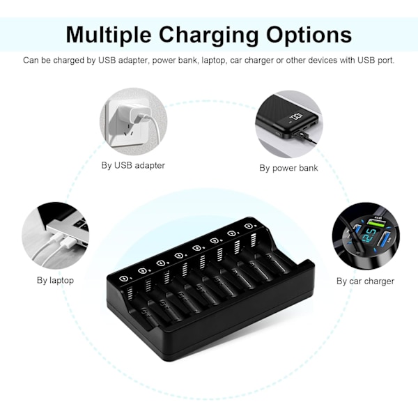 Genopladelig AA, Oplader 8 Slots 1.5v,1.2v Nimh ni CD AA AAA Batteritype - C (USB Hurtigopladning, Sepa