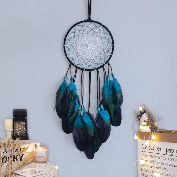 Blå Drømmfangere Håndlavet, Boho Traditionel Cirkelformet Net til Væghængende Dekoration, Soveværelse Børn, Hjemmedekoration, Kunst O