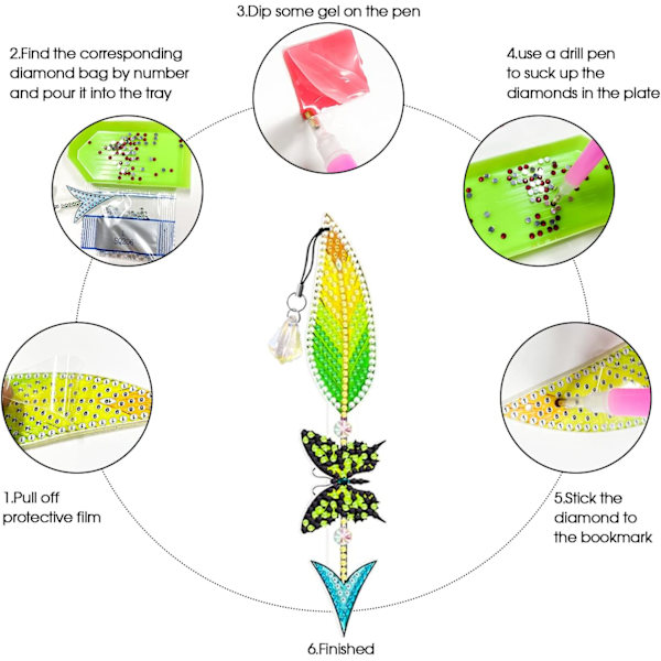 (6 stycken) Diamantmålning bokmärke bokmärke diamantmålning fjäder 5D DIY bokmärke för markering P