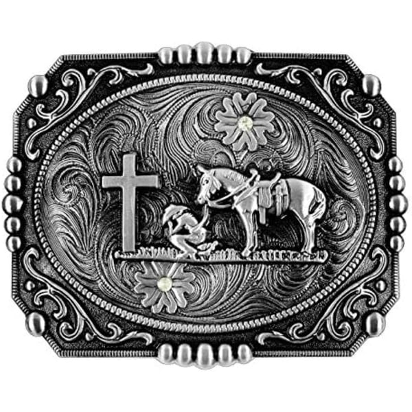 Religion Kors Cowboy Knäböjande Bön Och Häst Design Bältesspännen