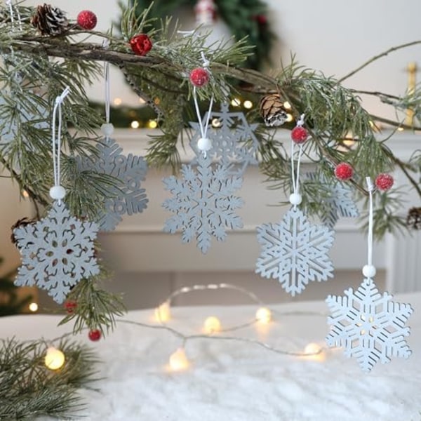 Silver Snöflinga Julgranspynt 3 tum Trä Snöflingor Pynt för Vinter Hem Girlang Julgran Dekoration