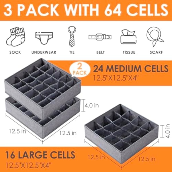 3-pak Sokk- og Undertøy-Organiseringsdeler, 64-Ruters Stoff-Foldbar Skuffe-Organiserer for Kommode-Kleskap-Organisering og Oppbevaring