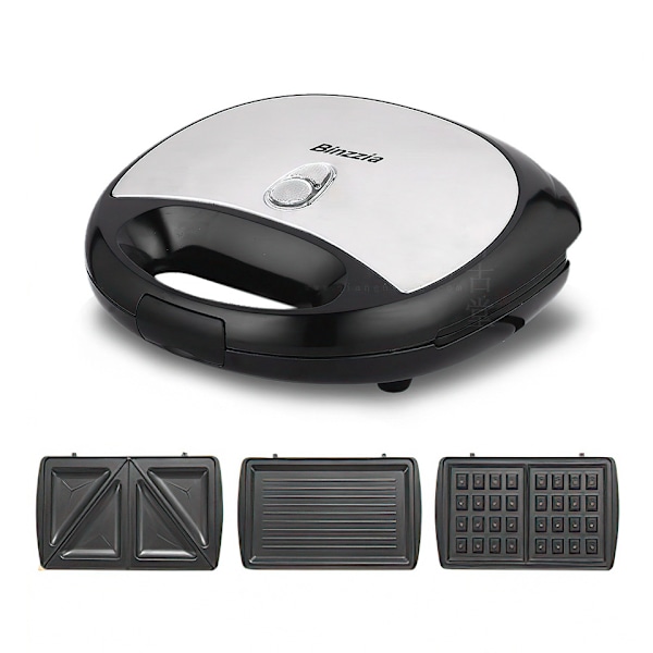 3 i 1 Sandwich Maker, Vaffeljern, Panini Press, 750W, med 3 Non-Stick og utskiftbare plater