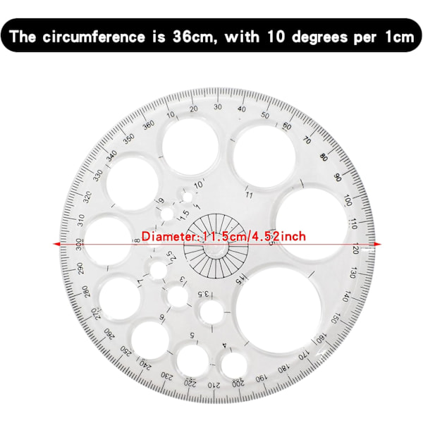 11,5 cm ympyräsabluuna, normografinen pyöreä ympyrämalli, viivoitinsabluuna, mittausmallit, monitoimiviivoitinsabluuna, muovimalli, piirustussabluuna Dra