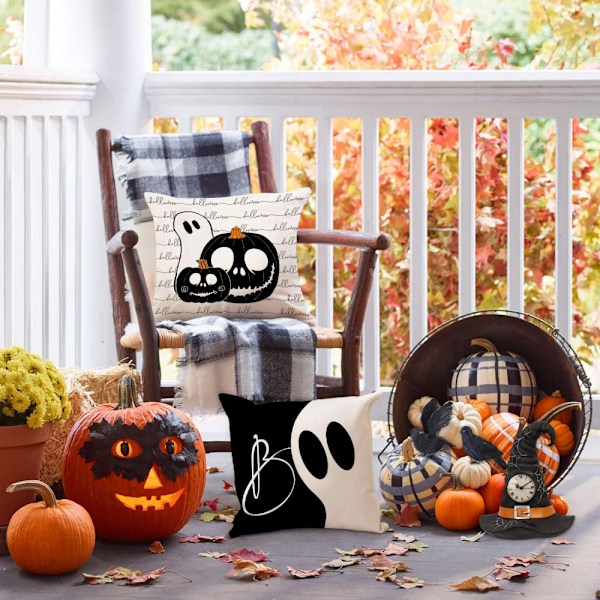 4 stk. 45*45cm Halloween græskar heks landejendom kat boo spøgelse udendørs sorte efterårspuder dekorative