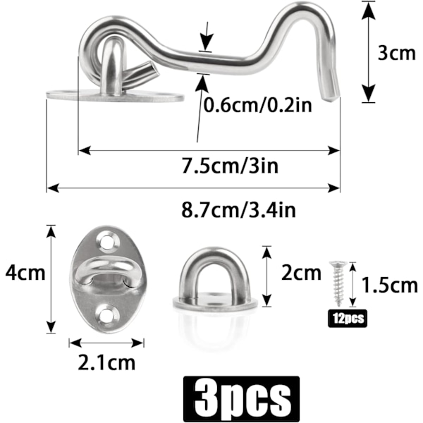 3 kpl 7,5 cm Ulko-oven lukko, Oven haka, Ruostumattomasta teräksestä valmistettu mökkihaka, Sisäoven lukko asennusruuveilla, Oven kohde ikkunalle, Latoon