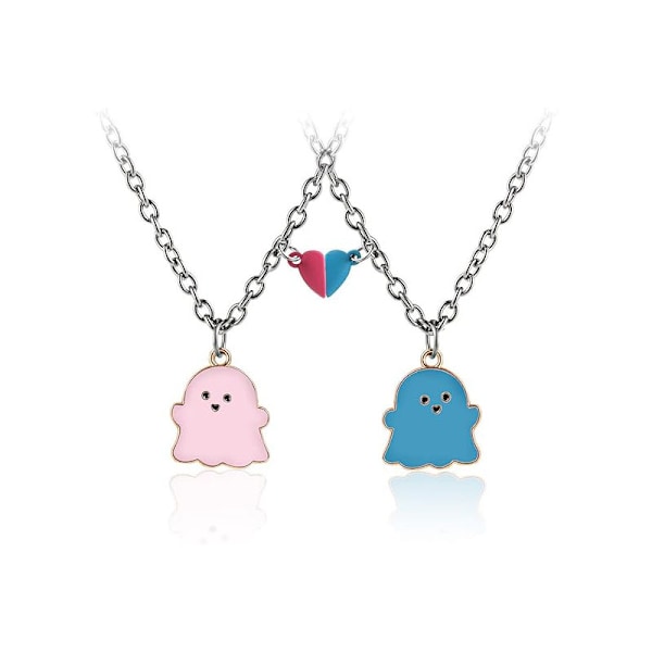 2Pcs pink blue Lovely Magnetic Love Heart Ghost Pendant Necklace Set for Women Men Best Friend Enamel Mutual Attract Mag