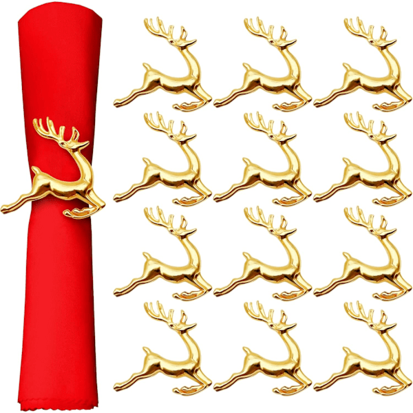 12 st Elk Julservettringar Guld Färg Rensa Servettringar Set Jul Elk Servett Spännen för Servett Placering Tabl