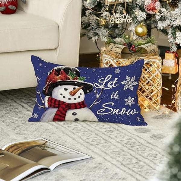 12 x 20 Tommer La det snø Snømann Jul Blå Putesett, Vinterferie Putetrekk Dekorasjon for Sofa