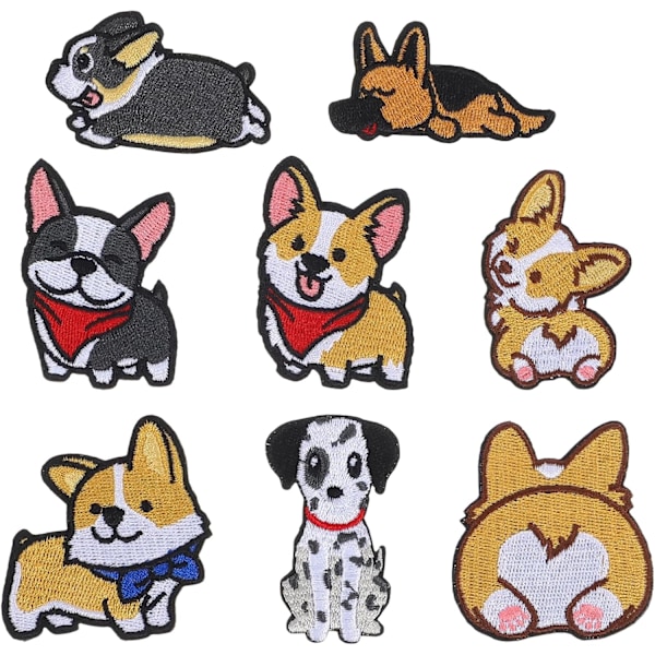 8 st Hundtygmärken Stryk på Märken Härlig Corgi Collie Dalmatiner Sy på Märken Broderad Valp Reparerande Applikation för DIY Kläder Jackor Ryggsäck J