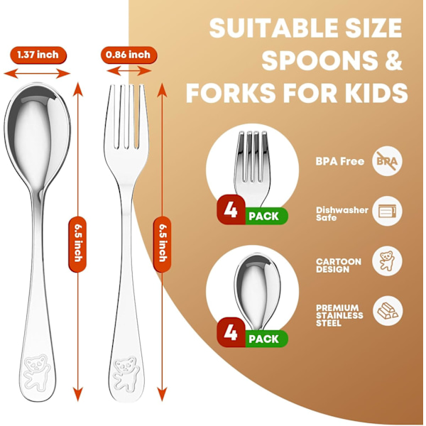 8 Dele Bestik i Rustfrit Stål til Børn, Børne- og Småbørnssikkert Bestik - 4 stk. Gaffel og 4 stk. Ske, Sød Bestik