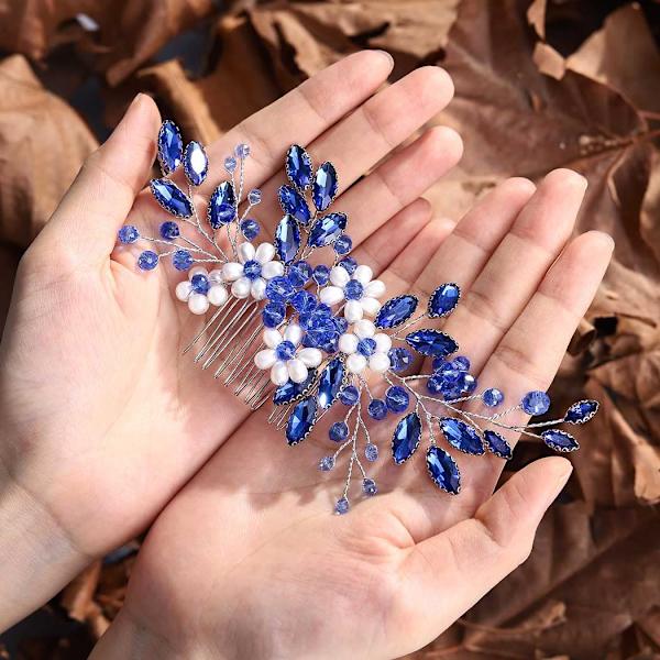 (Blå) Bröllopshårkam Pärlblomma Hårbit Rhinestone Dam Brudklänning Hårtillbehör