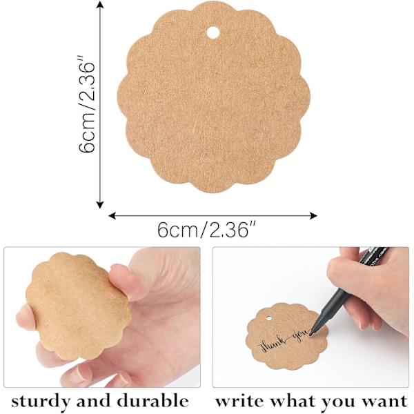 (Brun) 200 Runda Presentetiketter i Kraftpapper 6 x 6 cm med Snöre för Presenter, Bröllop, Jul, Födelsedagar, Kommunioner