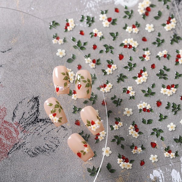 1 ark Vita Blommor Nagelstickers för Nagelkonst Vårblommor Nagelkonst Stickers 5d Präglade Blommiga Nageldekaler Självhäftande Gröna Blad Nageldesigner