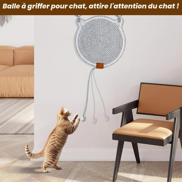 Veggmontert klorematte for katt, rund klorematte med lekeball, møbelbeskyttelse og aktiv lek (grå)