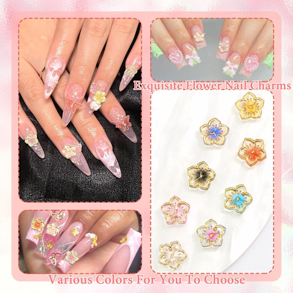 90 st Blom-Nagelberlocker Färgglada Akryl-Blomberlocker för Naglar Söta 3D-Blomster Nagelkonst Rhinestones Sommarstil Nagel