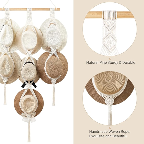 Hatthängare Hattställ för Vägg Cowboyhatthållare Organizer Display för Garderob Handvävd Bobo Hängande Hatt Organizer Förvaring för Hattar med Bred Brätte Plommonstop