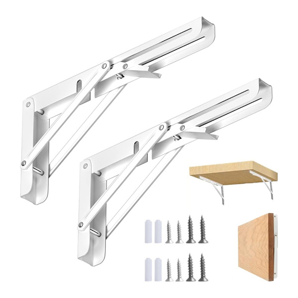 2 stk. Foldbare Firkanter, 250mm Foldbar Firkantet, Foldbar Hyllebrakett i Rustfritt Stål, Hvit Hyllebrakett